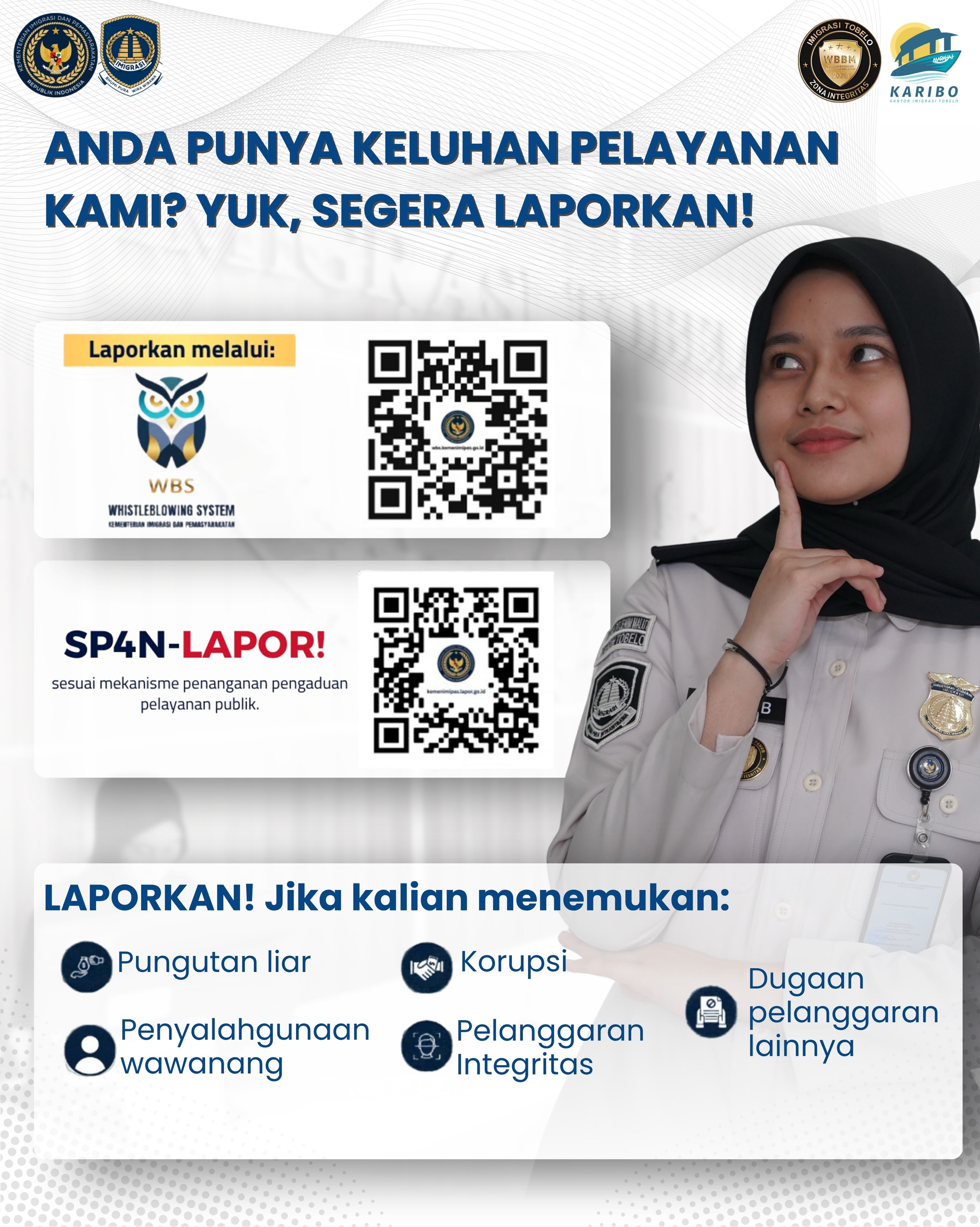 Sobat Mido WAJIB melaporkan bila menemukan praktik pelanggaran di sekitar lingkungan kantor kami! Scan QR untuk melaporkan petugas yg melakukan pelanggaran… 

#kemenimipas #ditjen_imigrasi #visa #paspor #hendarsammarantoko